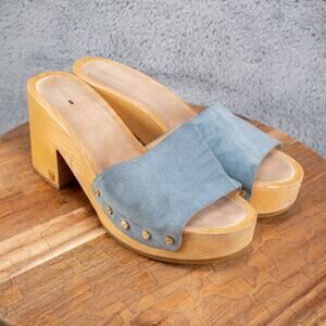 Veronica Beard Hannalee Suede Clogs Blue Wood Block Heel Platform Size 8.5